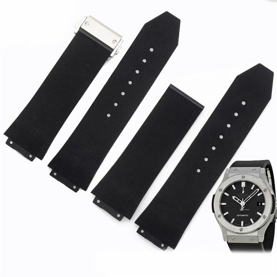 Accessoires de montre 23mm 26mm 28mm Hommes Femmes Fermoir de déploiement en acier inoxydable Bracelet de montre en caoutchouc de silicone de plongée noir pour HUB 326V