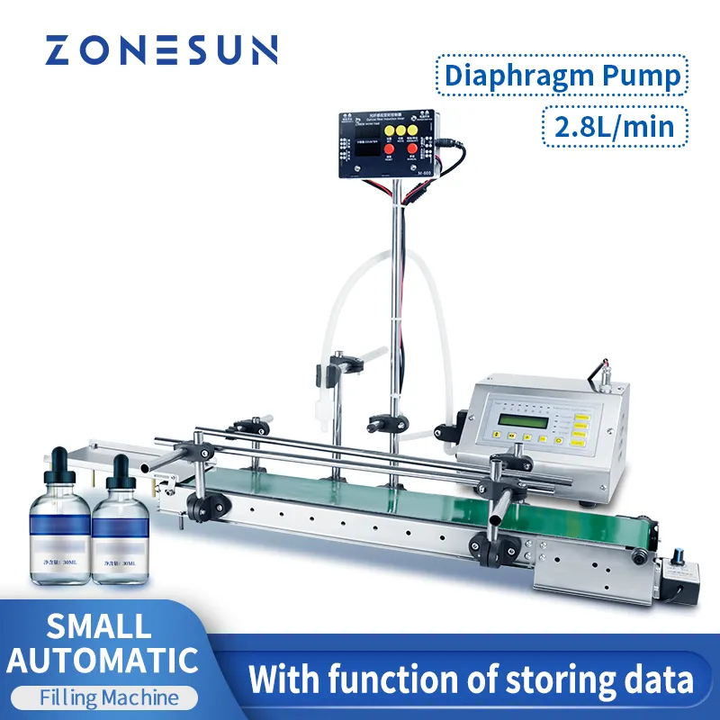 ZONESUN 탁상용 자동 저점도 액체 충전기 컨베이어 벨트가있는 주스 물병 필러