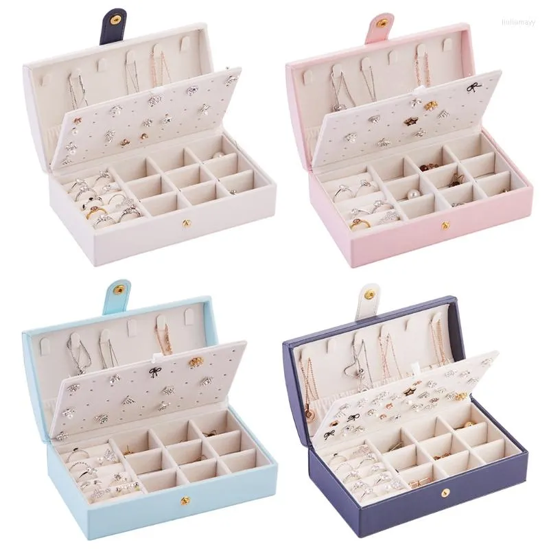 Cajas de almacenamiento Caja de joyería portátil Caja organizadora de pendientes de 2 capas impermeable de cuero sintético