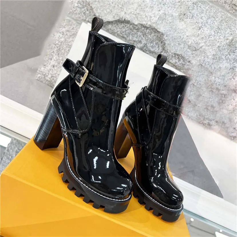 Femmes Designer Iconic Star Trail Bottines Bottines En Caoutchouc Verni Et Cuir Talon Haut Chunky Lacets Baskets D'hiver Martin Ladys Avec Boîte D'origine