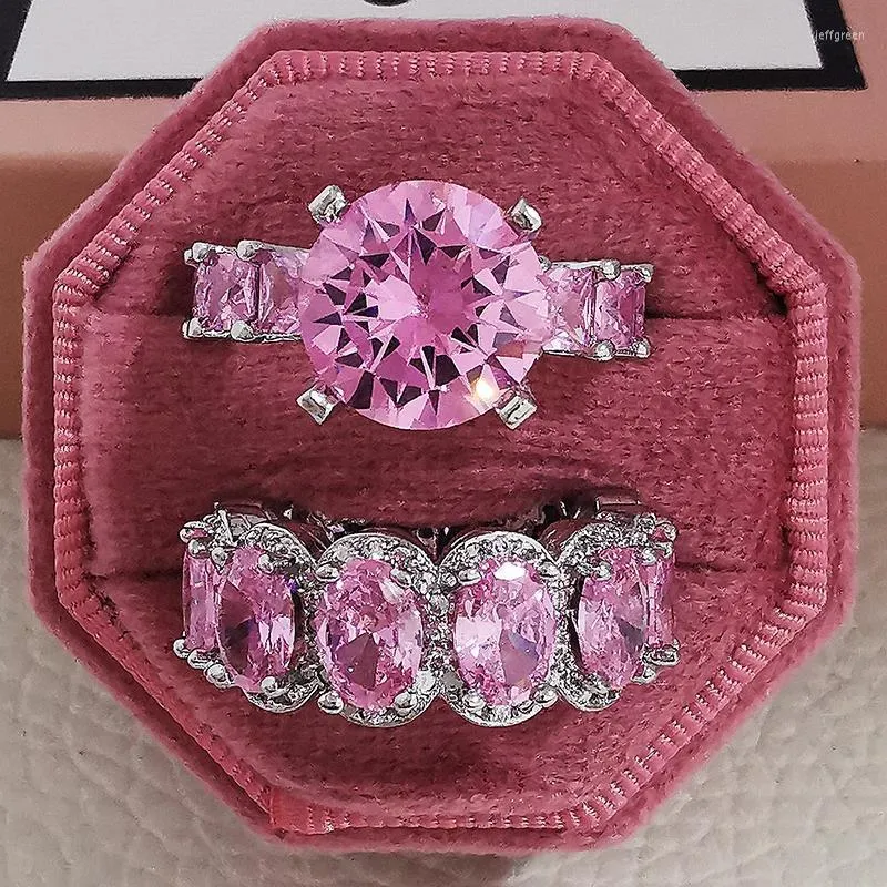 Anillos de boda 2 unids/set rosa redondo brillante circón mujer compromiso fiesta anillo de dedo declaración joyería de moda regalos femeninos 2023