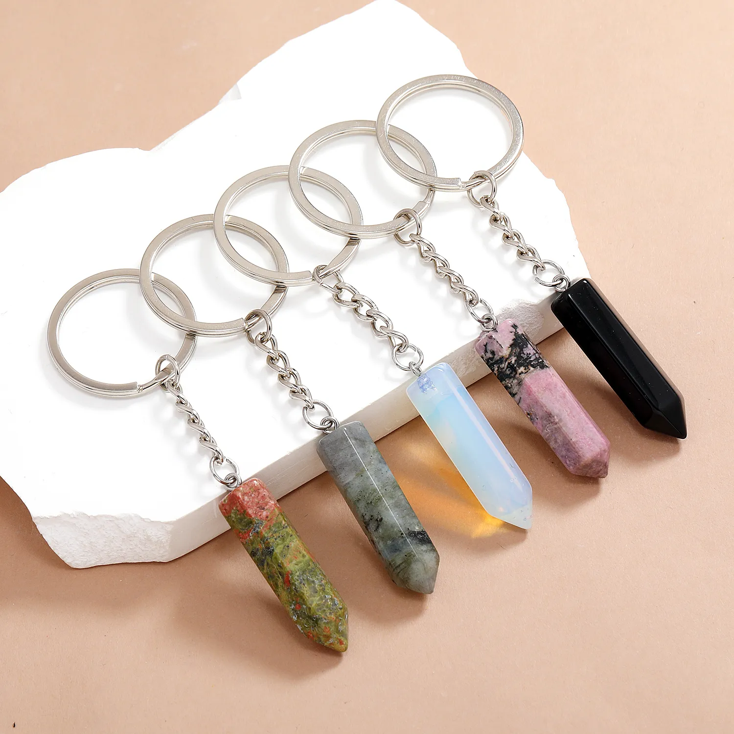 Hexagonal Column Key Ring Natural Stone Opal Crystal Gem Keychain For Women Men Personality Accessories