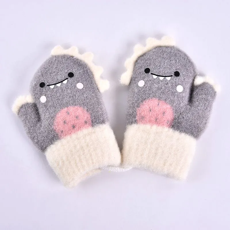 Mitten for Children Cute Cartoon Dinosaur Warmer Thick Knitted Mittens For 0-2 years Baby New Hanging Neck Winter Glove Soft Kids gloves