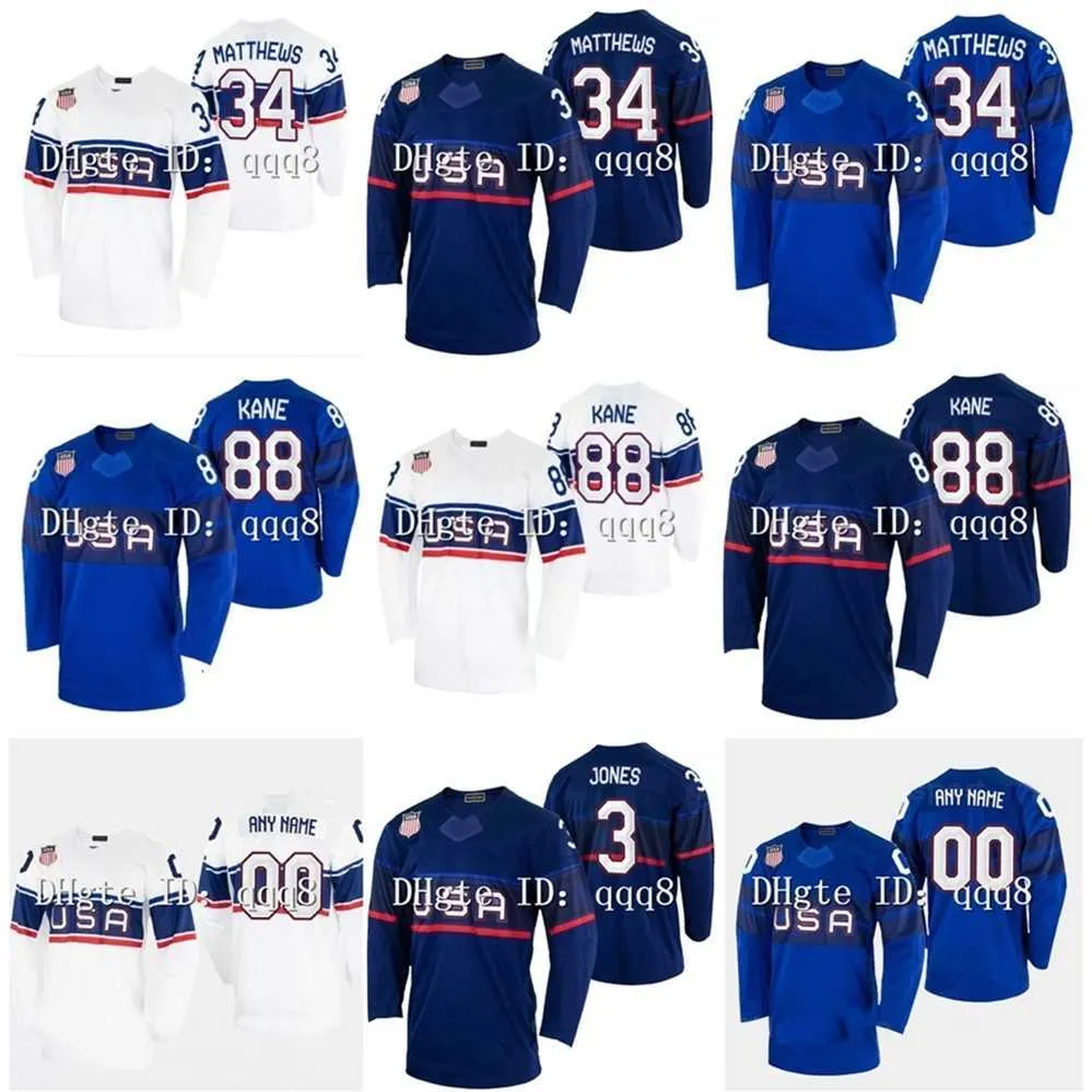 QQQ8 USA 2022 Winter Hockey Jersey 34 Auston Matthews 88 Patrick Kane 9 Jack Eichel 19 Matthew Tkachuk 3 Seth Jones 43 Quinn Hughes 23 Adam Fox