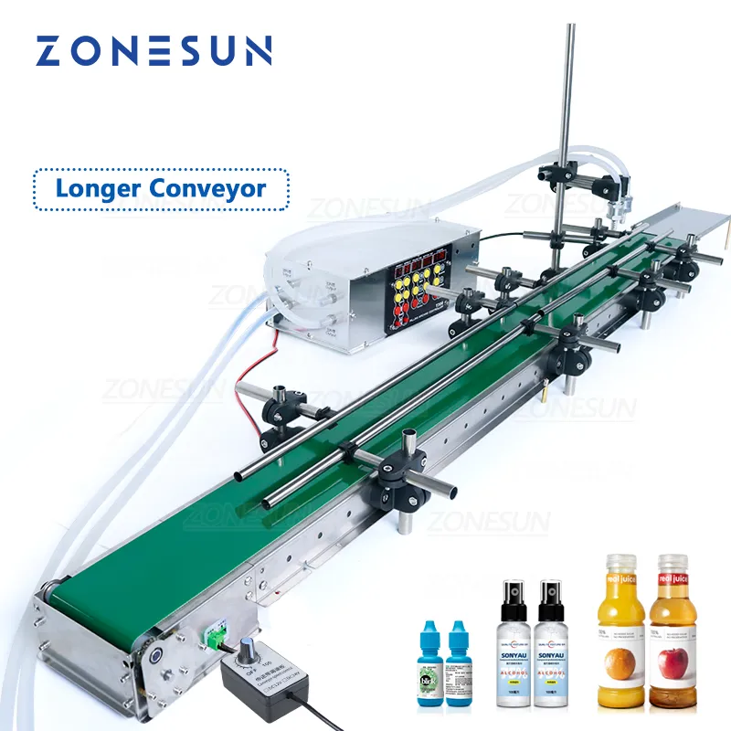 Zonesun ZS-DPYT200L Automatische Vulmachine Water Melk Vloeistof Fles Flacon Dubbele Hoofden Met Langere Transportband