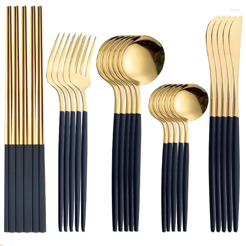 Set di posate Cucchiai e forchette Set di posate Bacchette cinesi ricoperte d'oro Acciaio inossidabile Posate da tavola Posate da cucina