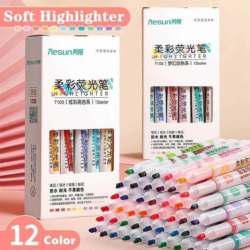 12 Molors/Set Yumuşak vurgulayıcı kalemler Kawaii Şeker Renkli Manga İşaretleri Midliner Pastel Fosforlu Set Kablolu