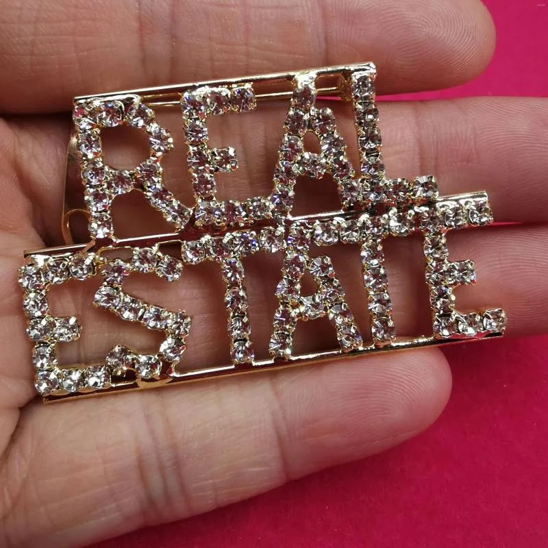 Brooches GRANDBLING Occupations Theme Crystal Brooch "REAL ESTATE" Word Lapel Pin Unique Professions Gift