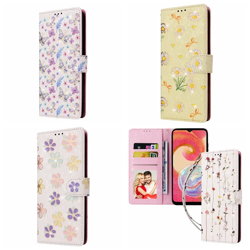 Mode Bloem Lederen Portemonnee Gevallen Voor Samsung A05 A05S A54 A34 A04E S23 FE Ultra A22E A14 5G S22 Plus 5G Anti-diefstal Borstel Gedroogde ID-kaartsleuf Houder Daisy Flip Cover Pouch