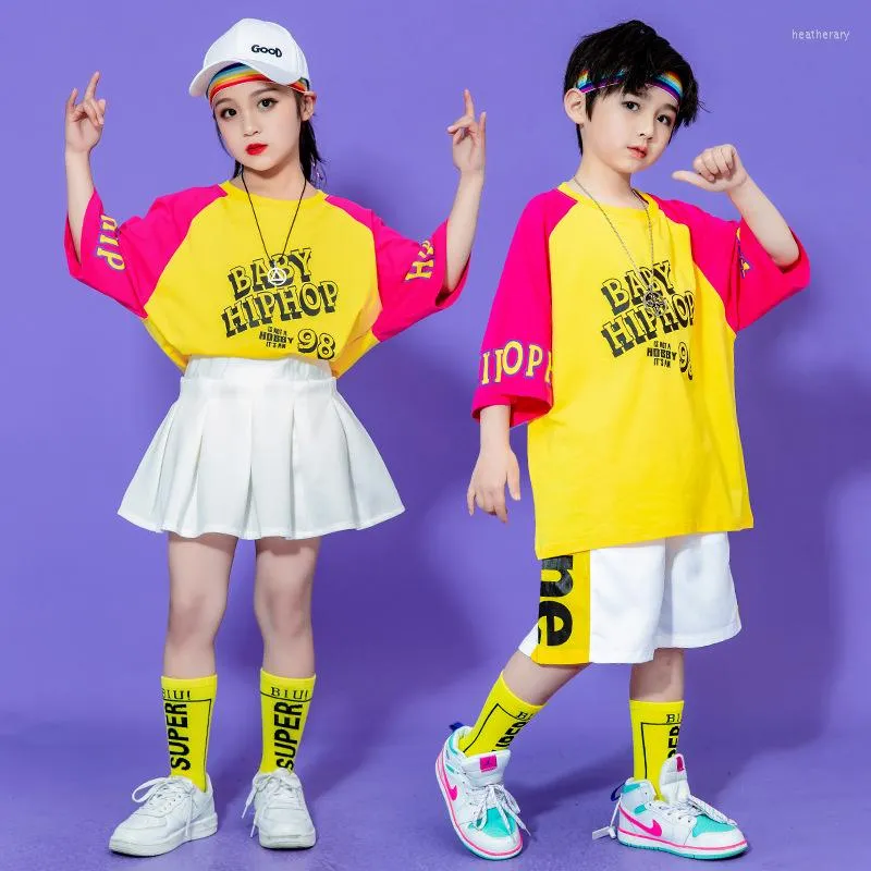 Scene Wear Kid Kpop Hip Hop Clothing Overized T Shirt Top Summer Shorts Pleated Kirt Mini för Girl Boy Jazz Dance Costume Clothes Set