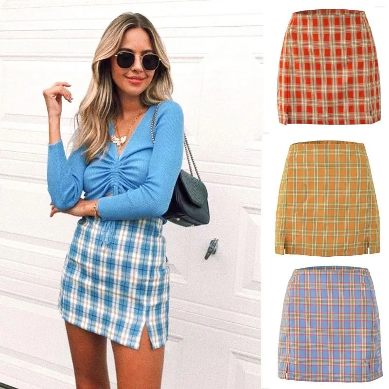 Rokken Harajuku Retro Plaid Rok Women Sweet Girls Dance Mini Slit Slim High Taille Straight Ladies Koreaanse stijl 2023