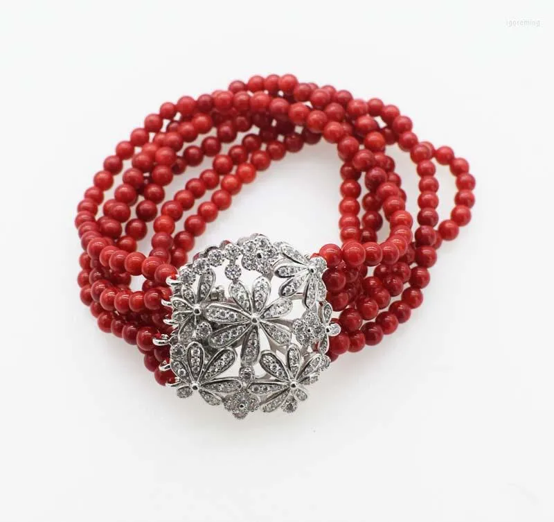 Bangle 6rows Red Coral Round 4mm Bracelet 7.5inch Wholesale Beads FPPJ Nature Zircon Clasp