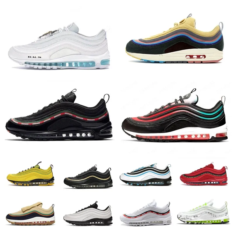 No1 Max 97 Casual Shoes MSCHF x INRI Jésus Invaincu Noir Sommet Triple Blanc Métallique Or Hommes Femmes Designer Air 97s Sean Wotherspoon Sliver Bullet Baskets Sneak