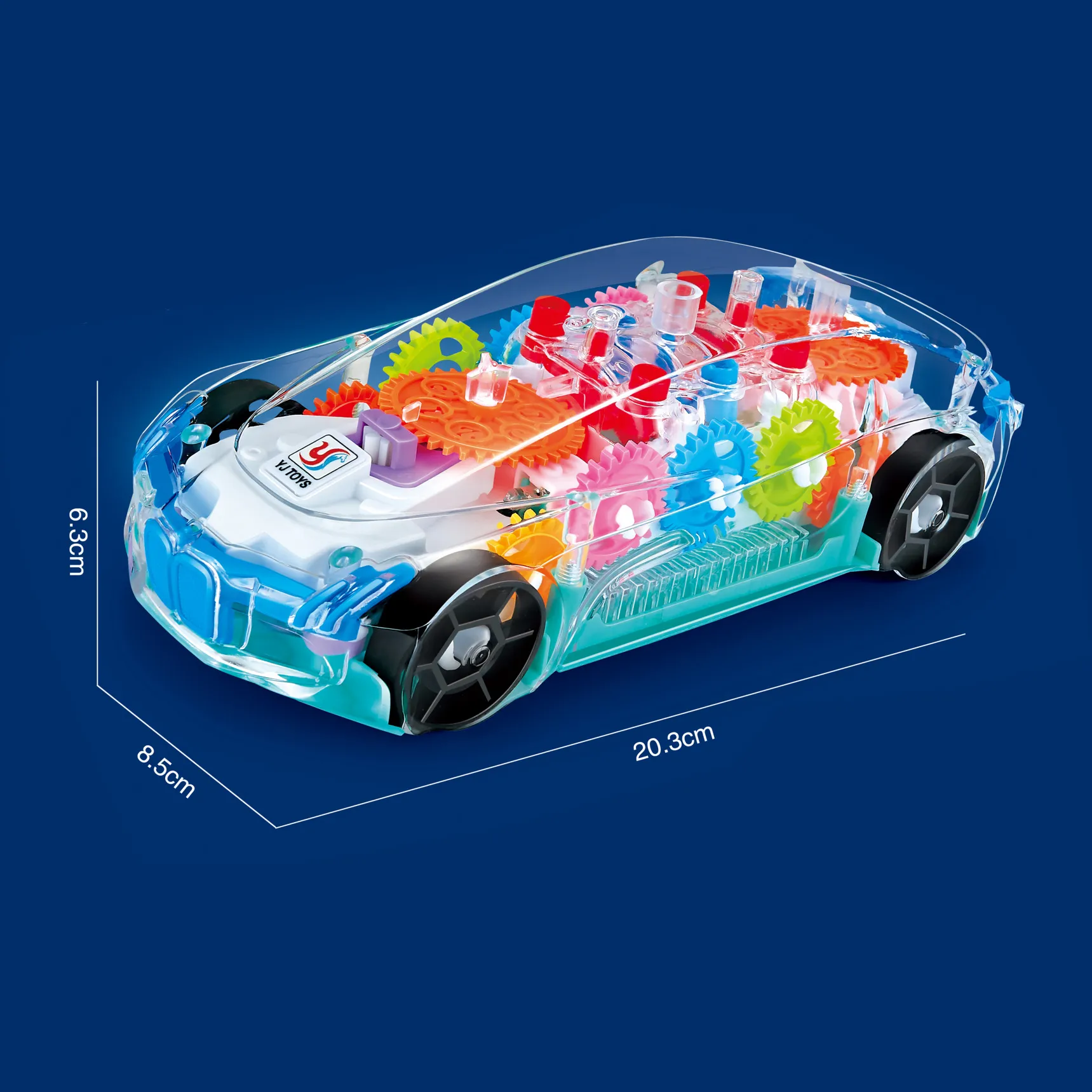 Elektrisches transparentes Spielzeugauto, durchsichtige Autos, mechanisches, batteriebetriebenes Rennfahrzeug, Spielzeug, sichtbare farbige bewegliche Zahnräder, brillante LED-Lichteffekte, Musik