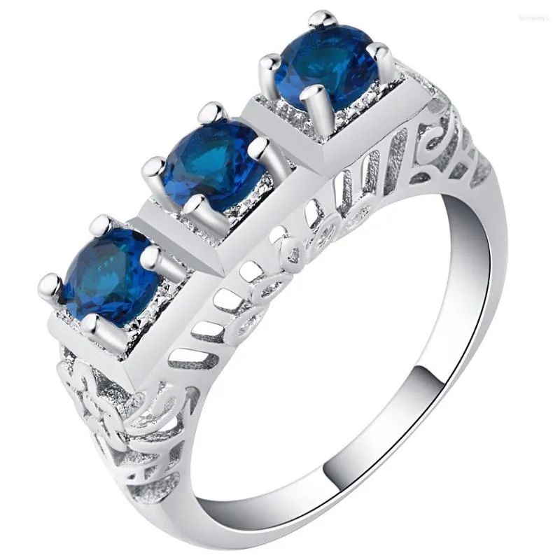 Anillos de boda Ufooro Fashion Classic Ring 3 Sky Blue Crystal Inlay Exquisito Jewelry for Women Custom Anniversary Love Gift