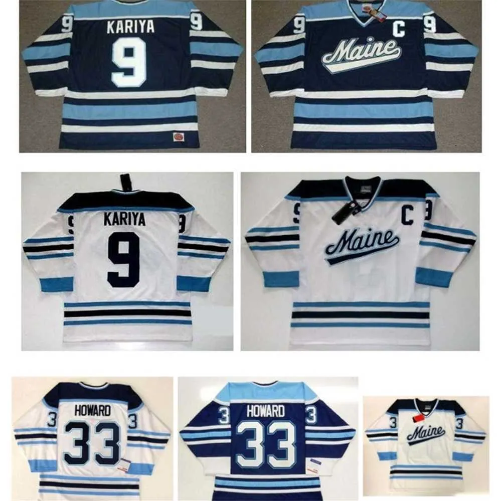 QQQ8 Vintage Maine Black Bears Jersey 9 Kariya 33 Jimmy Howard White Blue Stitching Hockey Jerseys