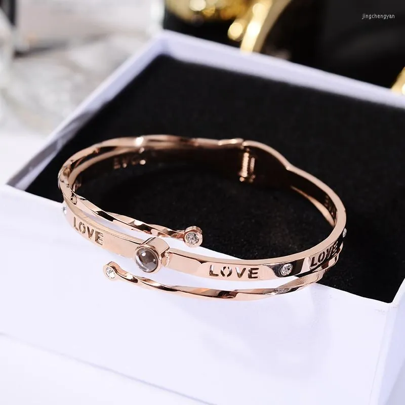 Bangle Yun Ruo100 Språk Jag älskar dig Projektion Rose Gold Women Man Gift Titanium Steel Jewelry Not Change Color Drop