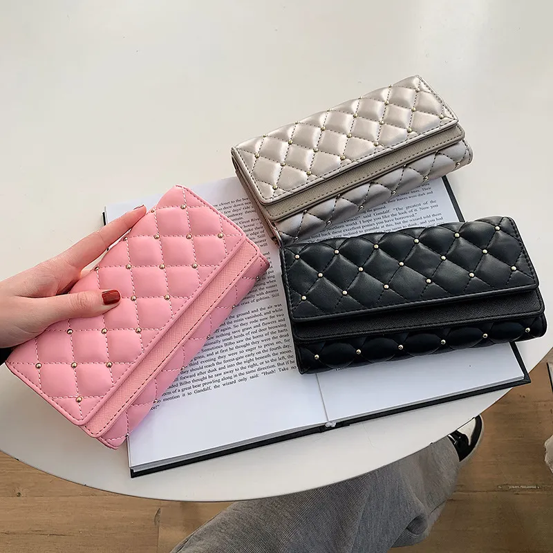 Fashion women's designer purse new long riveted Ringer lattice three folding wallet large capacity soft leather hand hold solid color women's card bag