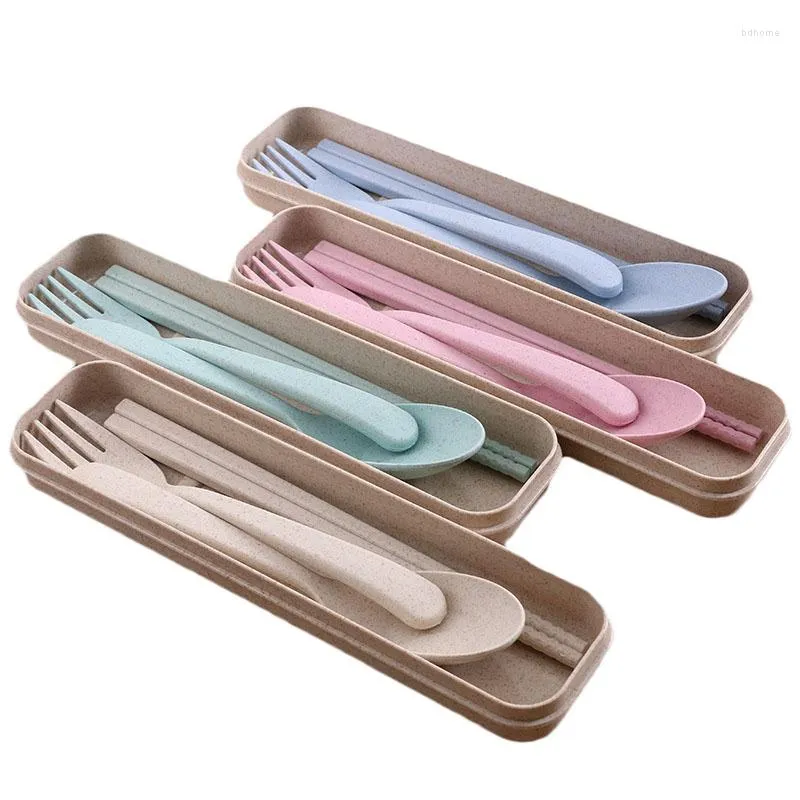 Flatware Sets Solid Scoop Fork Chopsticks Set Grade Wheat Straw Environmental Dinnerware Japanese Dinner Tools With Box 3pcs