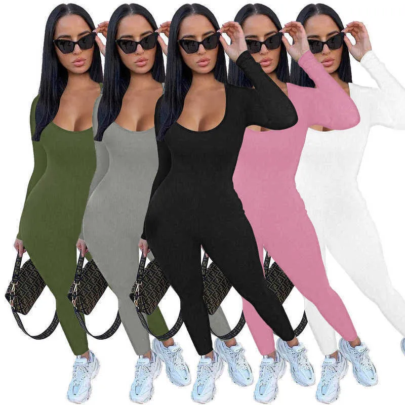 Dames jumpsuits rompertjes Nieuw stuk met lange mouwen U-hals Pitstrip Slanke pak Fitness Lady Jumpsuit