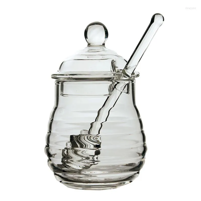 Förvaringsflaskor 250 ml honungsburk med dipper och lock transparent glasbehållarkruka för hemköksmaterial