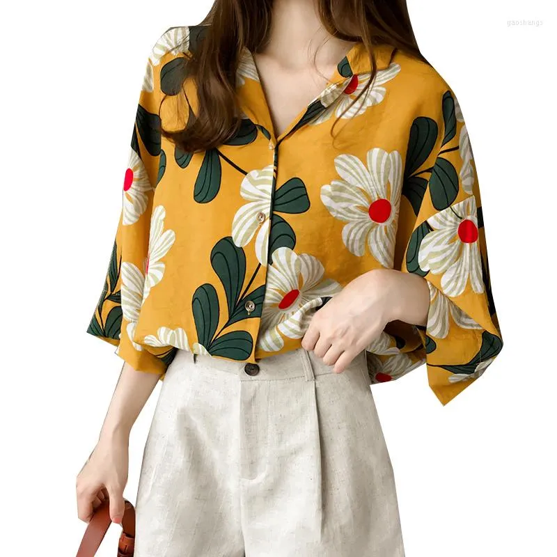 Blans pour femmes chemises imprimées en mousseline vintage Femmes 2023 Summer coréen mince demi-manches et garnitures