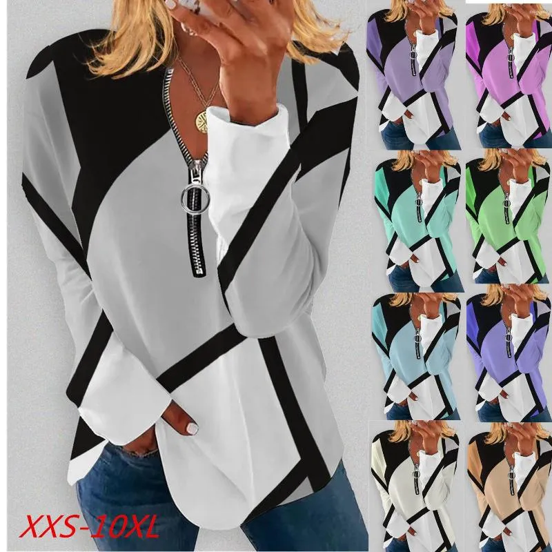 Women's T Shirts Spring And Autumn Women's Printed Long Sleeve Zipper VNeck Loose Top Casual Plus Size Soft Comfortable Shirt