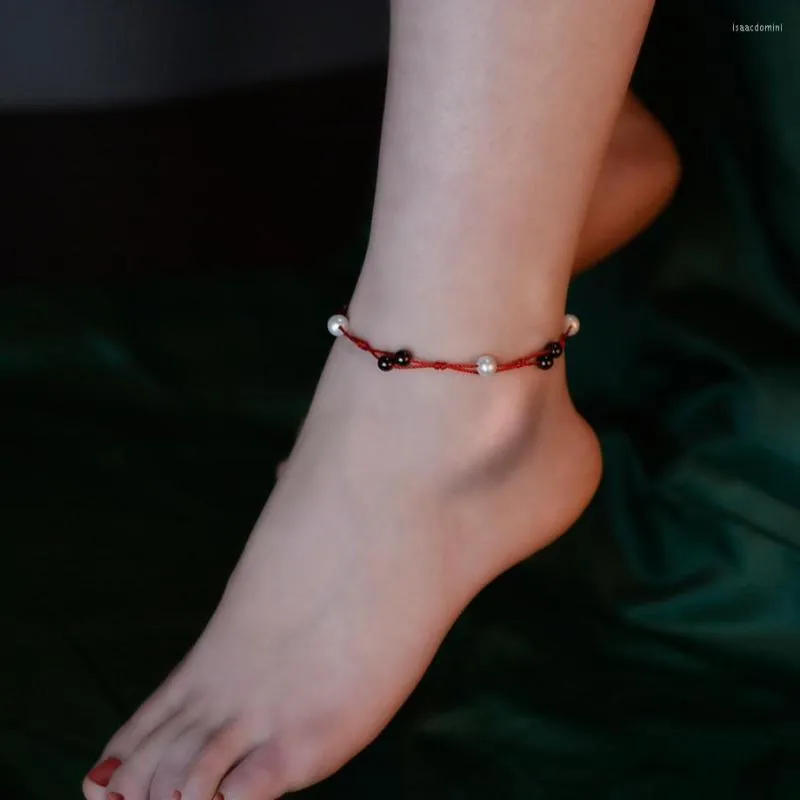 Anklets XF800 REAL Natural Natural Freshwater Pearl Anklet Garnet Hand Woven Justerbar röd sträng för kvinnor Fina smycken gåvor S526