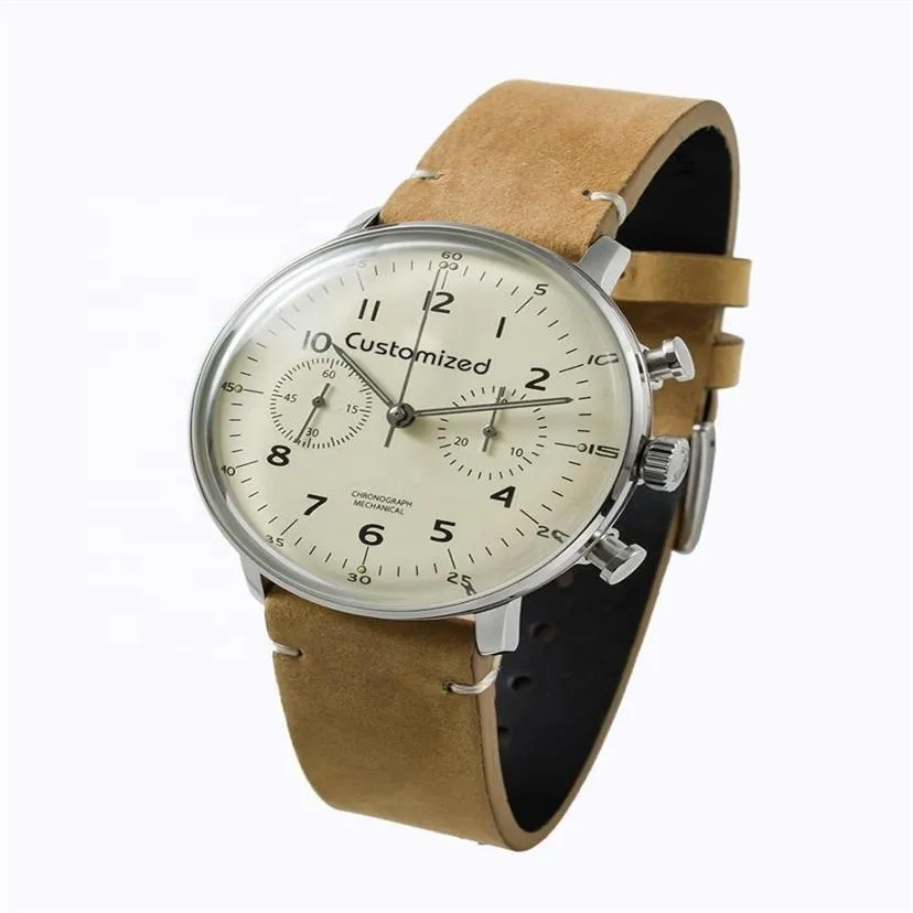 Alemania Bauhaus estilo mecánico cronógrafo reloj Stainls acero Vintage Simple reloj de pulsera 186e