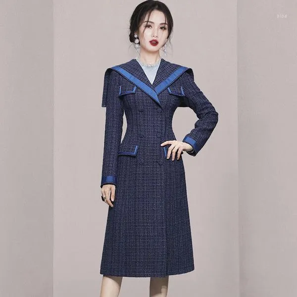 Casual jurken Fashion Runway Women Office Plaid Tweed Dress 2023 Autumn Winter Vintage Navy Collar Dubbele breasted Wollen Slim Vestidos