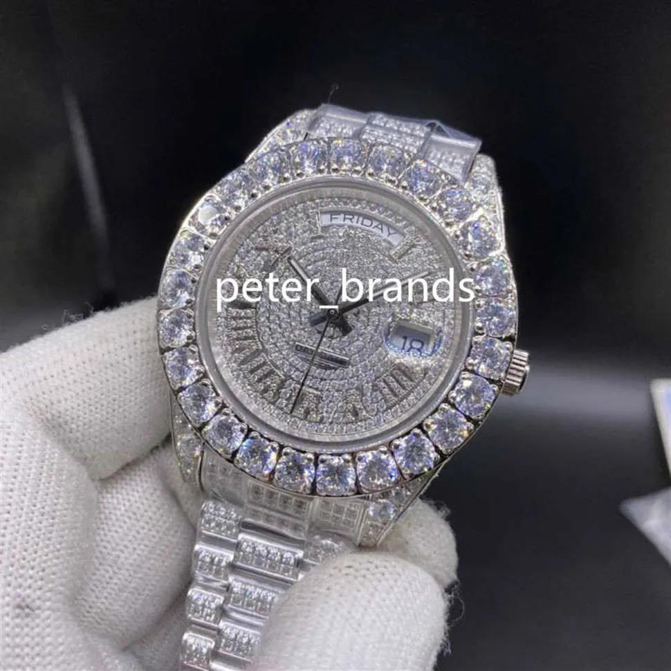 Prong Set Diamond Men's Watch Full Iced Wristwatch Silver Rostfritt st￥l Case Diamond Strap 43mm Automatiska m￤n Watches235q