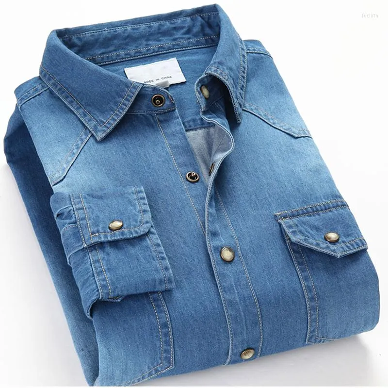 Men's Casual Shirts Fashion Men Denim Shirt Thin Long Sleeve Soft Cotton Double Pockets Slim Slight Elastic Jeans Blue Tops Cowboy Clothing