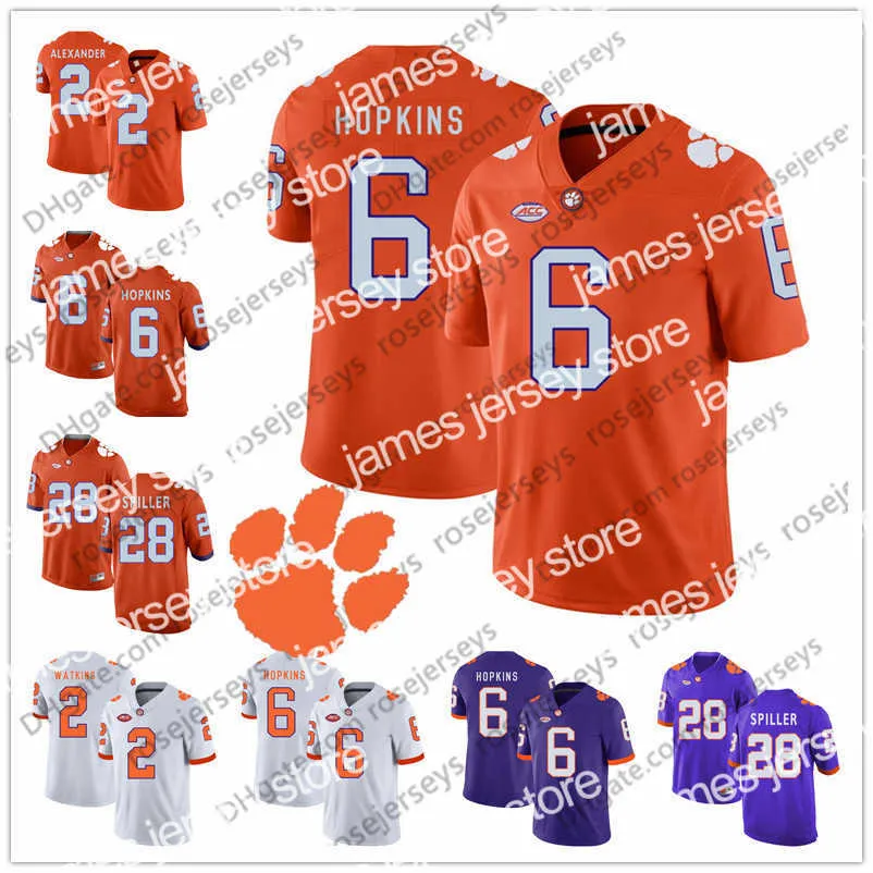 ملابس الكلية الأمريكية لكرة القدم Clemson Tigers # 6 DeAndre Hopkins 2 Mackensie Alexander Sammy Watkins 13 Adam Humphries 28 CJ Spiller Purple White Orange Retired Jer