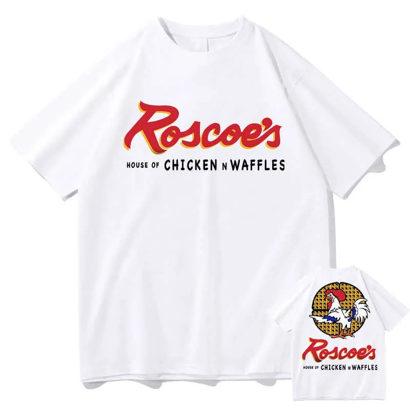 Herr t-shirts roliga roscoes hus av kyckling våfflor dubbelsidiga tryck t-shirt man överdimensionerad bomull t-shirt märke män kvinnor mode t shirts t230103
