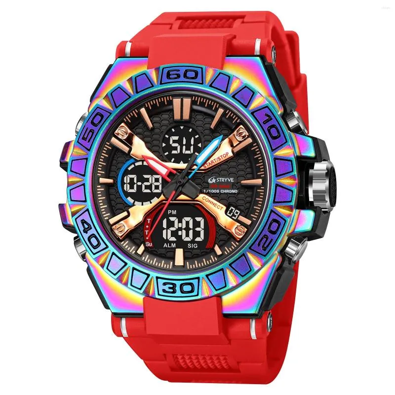 Wristwatches STRYVE Men's Watches 50M Waterproof Clock Alarm Reloj Hombre 8026 Dual Display Wristwatch Quartz Digital Men