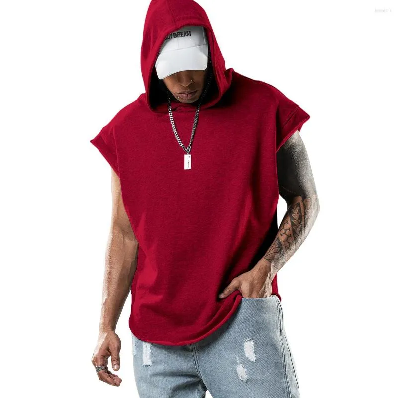 Men's Tank Tops 2023 Men Gym Clothing Bodybuilding Stringer Hoodie Muscle Hooded Shirt Vest Solid Sleeveless