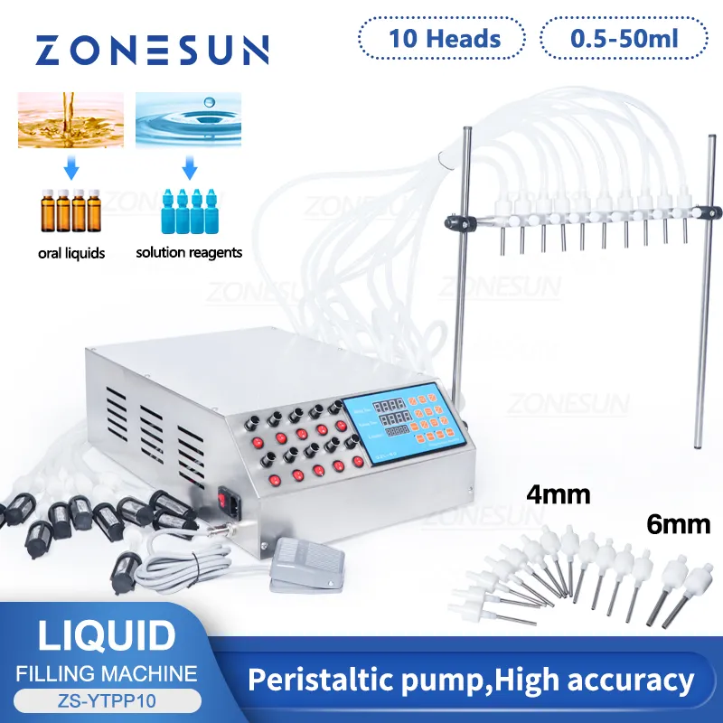 Zonesun máquina de enchimento de perfume, 10 cabeças, líquido oral, elétrico, controle digital, bomba de enchimento, 50ml, garrafa pequena ZS-YTPP10