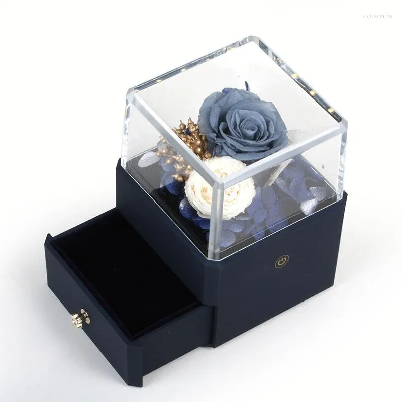 Bijoux Pochettes Bleu Marine Acrylique Plasctic True Rose LED Lumières Anneau Pendentif Boîte D'affichage Avec Tiroir Décoration Pour La Saint Valentin