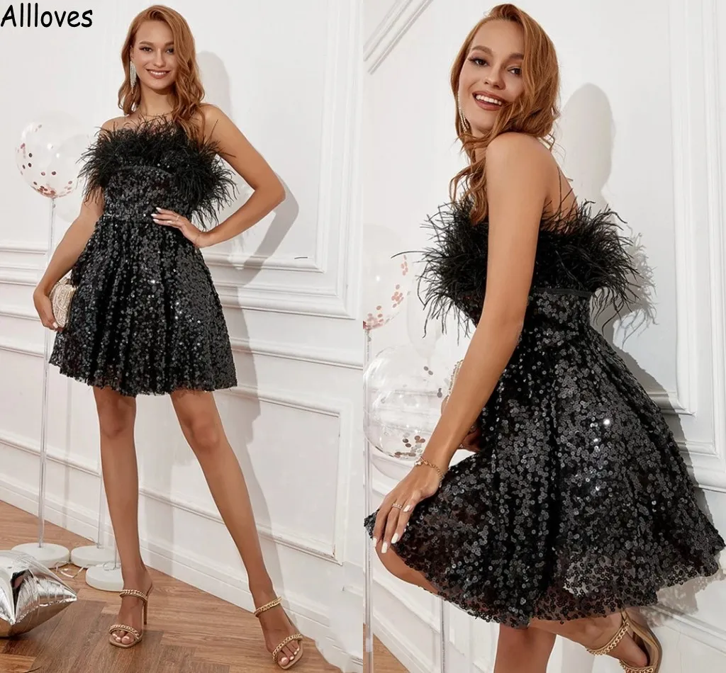 Luxury Furs Black Sequined Blingbling Cocktail Party Dresses For Women Strapless Backless Red Carpet Celebrity Evening Gowns Short Mini Club Night Wear CL1640