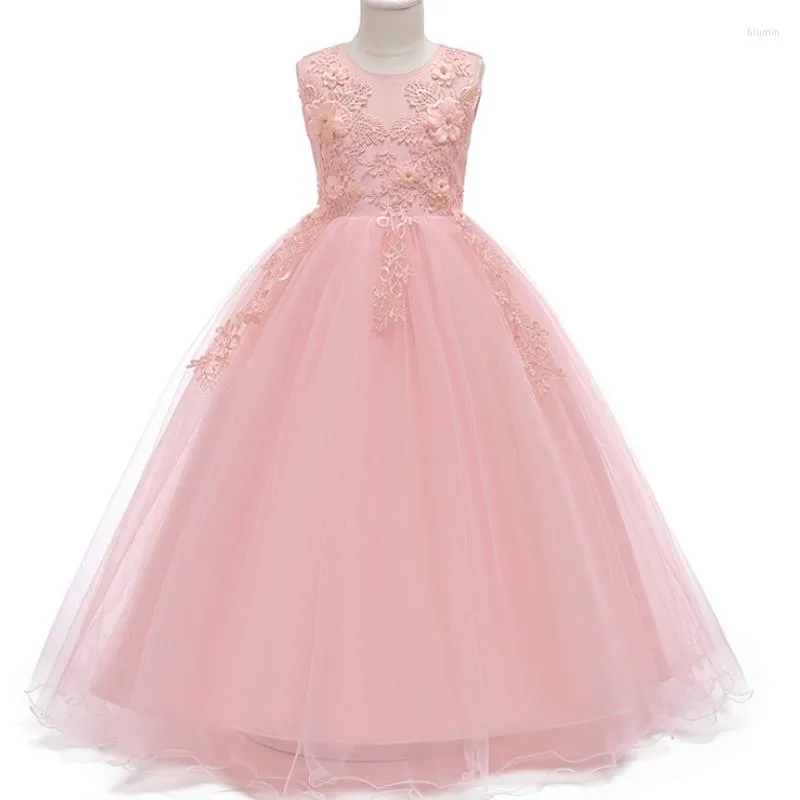Flickaklänningar 2023 Girls Wedding Dress Lace Bead Applicques ärmlösa party Tulle Princess Födelsedag Första nattvardsblod för 15