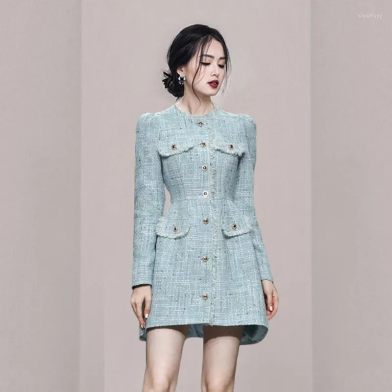 Casual Dresses High Quality Elegant Blue Single-Breasted Tweed Women Fall Winter Office Lady O-Neck Tassel Long Sleeve A Line Mini Dress