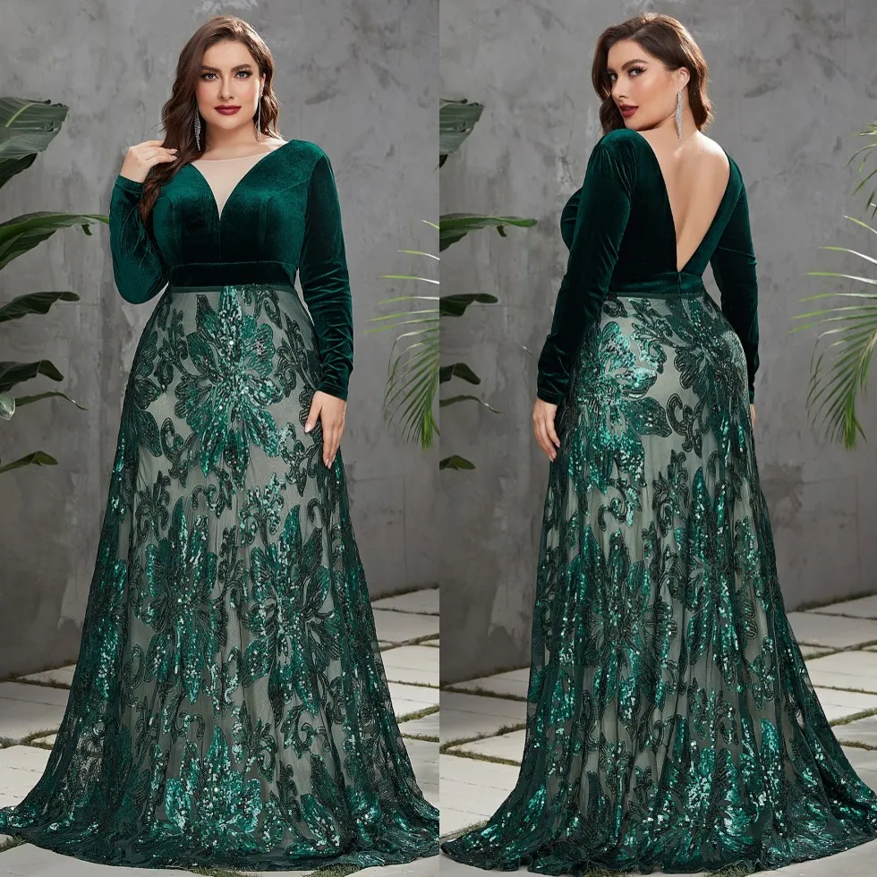 Designer Lace Plus Size Evening Dresses Sheer V Neck Long Sleeves Prom Gowns A Line Floor Length Velvet Special Occasion Dress