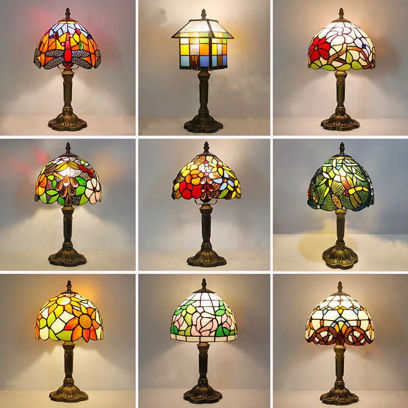 S Tiffany Color Glass Shade Resin Base Retro в средиземноморском стиле Столовая лампа Столовая столовая Art Desk Light 1229