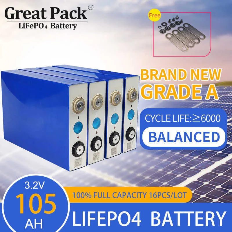 Solar Power Bank 100% full kapacitet 16st 3.2V 105AH LIFEPO4 Battericellinladdningsbar djup cykel litiumjonfosfat