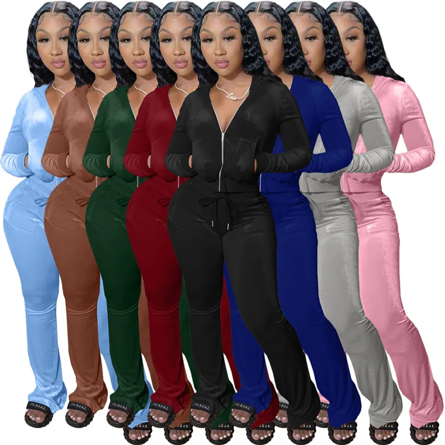 Designer Fall Winter Velvet Tracksuits Women Sweatsuits Long Sleeve Velour Jacket and Flare Pants Two Piece Sets Matching Outfits Casual Sports suits