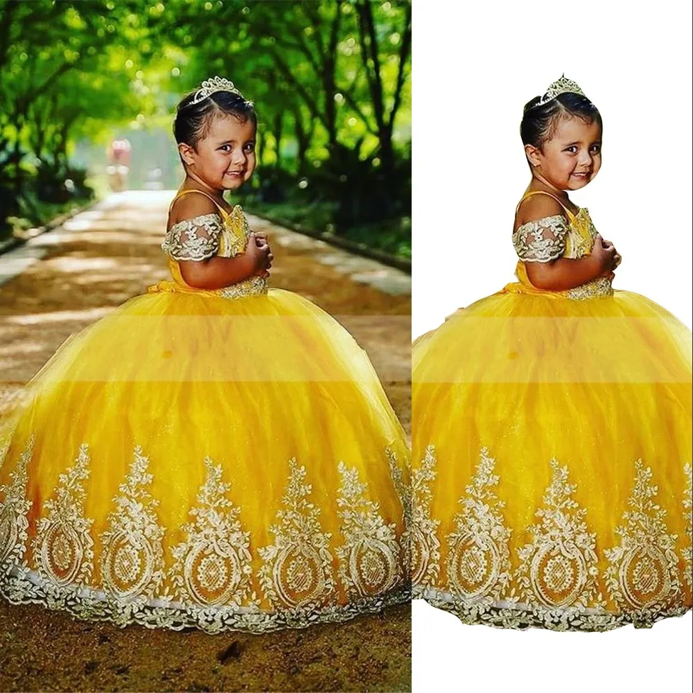 2023 Yellow Girls Pageant Dresses Princess Tulle Lace Appliques Beads Kids Flower Girl Dress Ball Gown Birthday Gowns Floor Length Off Shoulder Spaghetti Straps