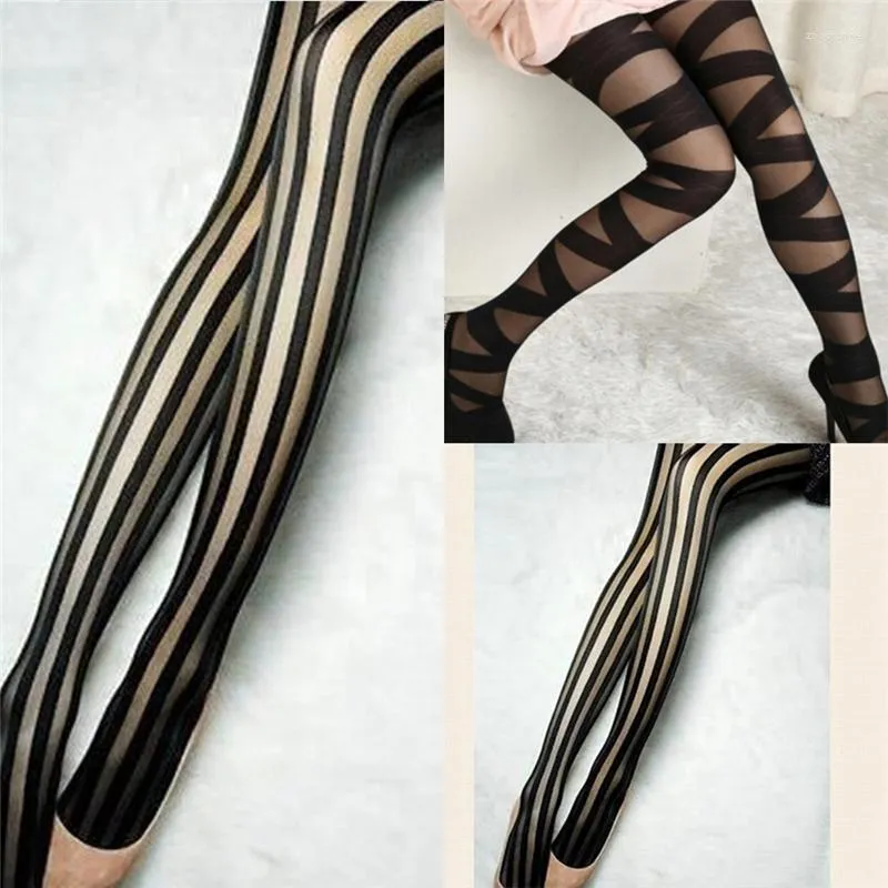 Women Socks Sexy Skinny Stockings Breathable Vertical Stripe Transparent Fashion Cross Bandage Pantyhose