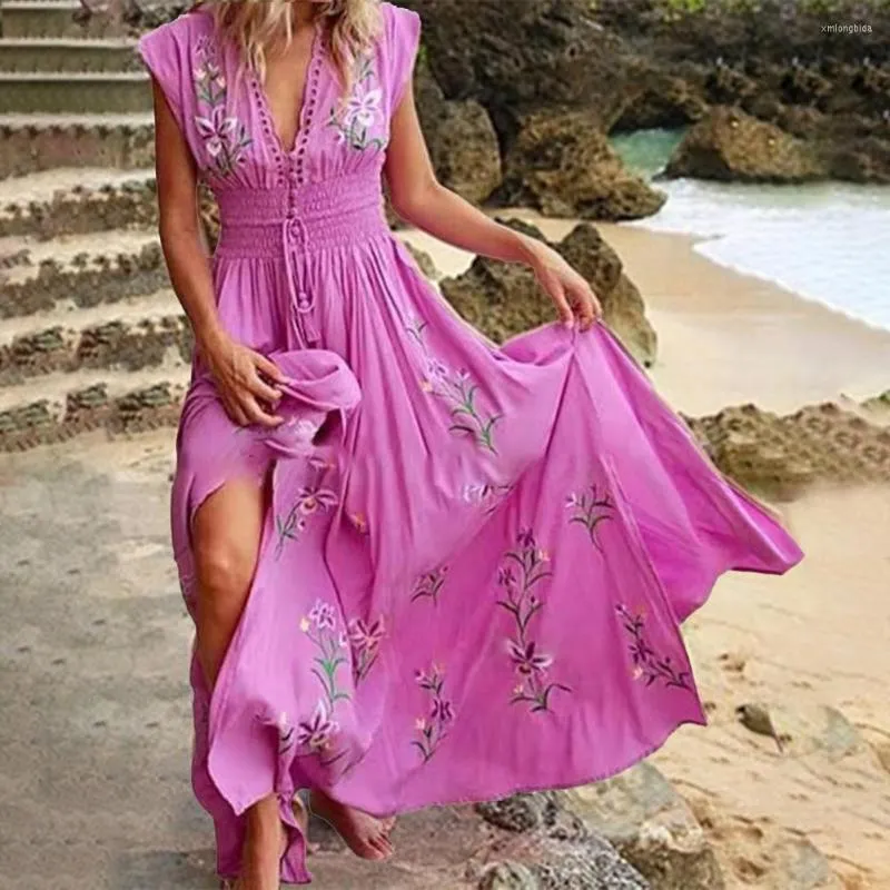 Casual Jurken V-hals Kwastje Boho Lange Jurk Vrouwen Elegante Bloemenprint Maxi Party Zomer Mouwloze Losse Strand Vestido