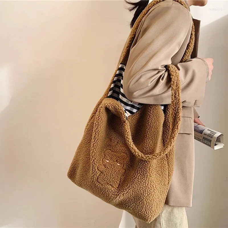 Bolsas de noite de ombro de pelúcia para mulheres, moda simples, tecido quente, bolsa de compras de grande capacidade, bolsa de lona macia, bolsas femininas fofas de urso