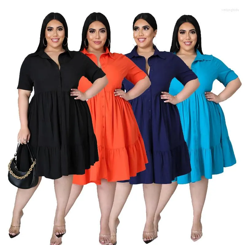 Vestidos Plus Size Camisa Sólida de Verão Vestido Roupas Femininas 5x Escritório Senhoras Doce Cintura Alta Mini Atacado Gota